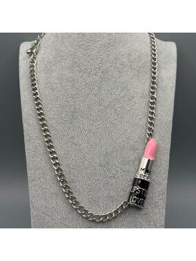 MAC Cosmetics Iconic Logo Necklace Lipstick Rhinestone Pendant 22"